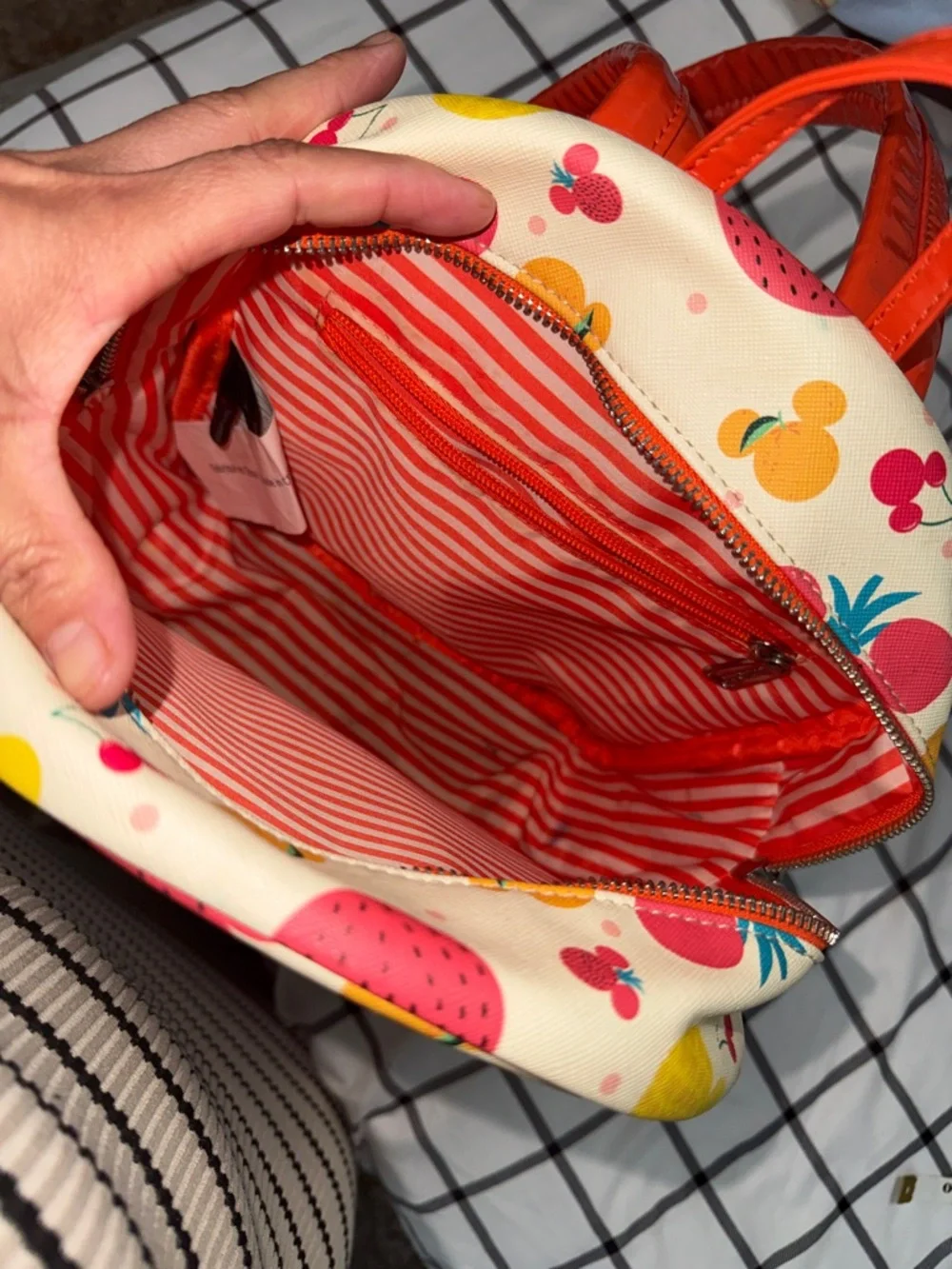 Loungefly Cream Mini Backpack with Red, Yellow & Orange Fruit Mickeys